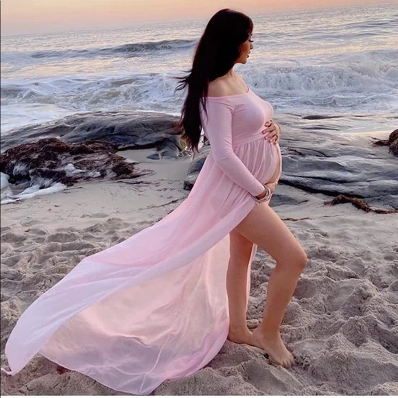 hayley paige beach wedding dresses PinkBlush White Off Shoulder Wrap Maternity Photoshoot Gown/Dress